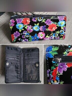 Black Floral Pink & Blue Slim Cardholder Wallet + Zippered Back Pocket, 7" x 3"